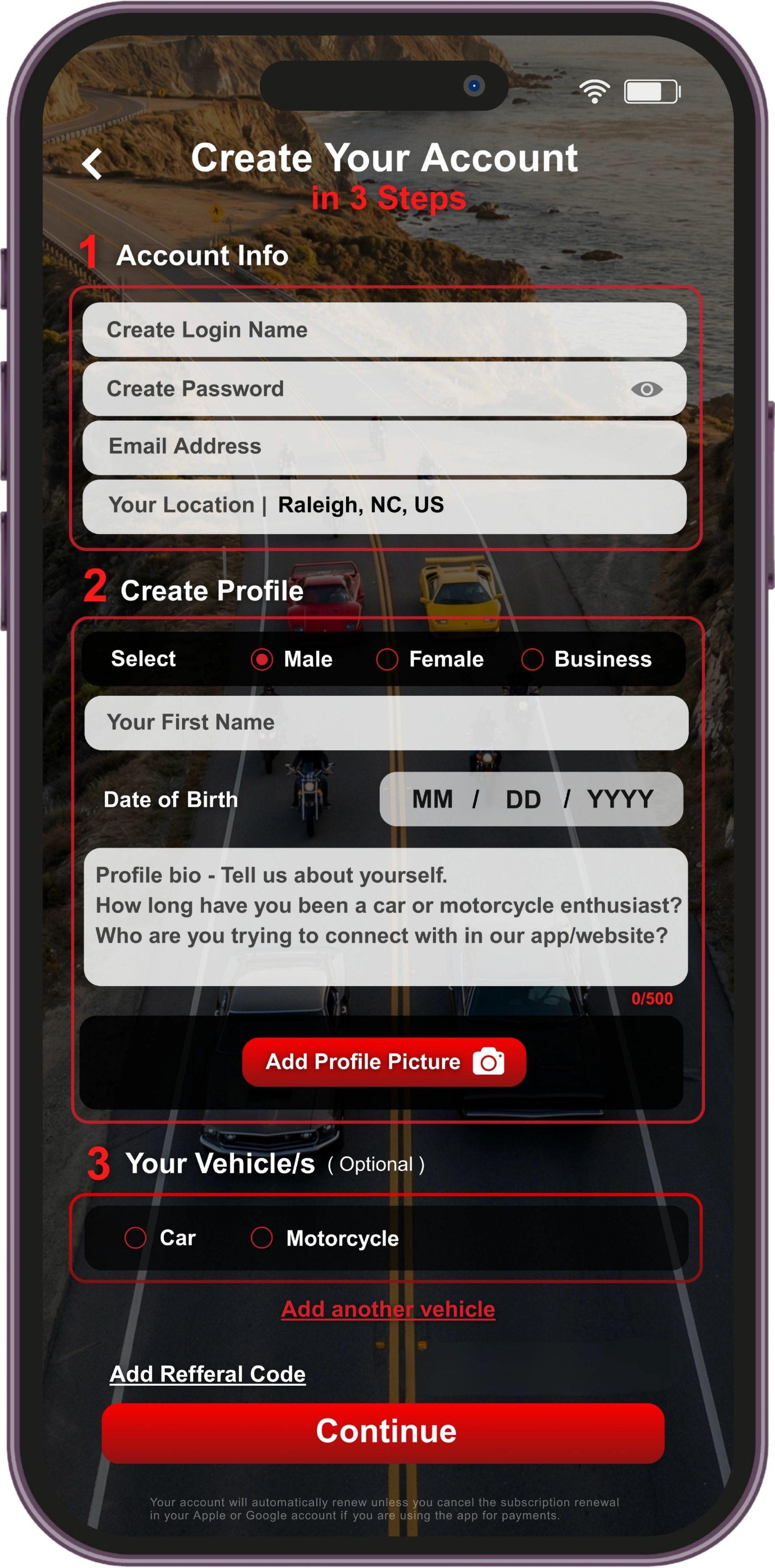 Garage App screen to create an account
