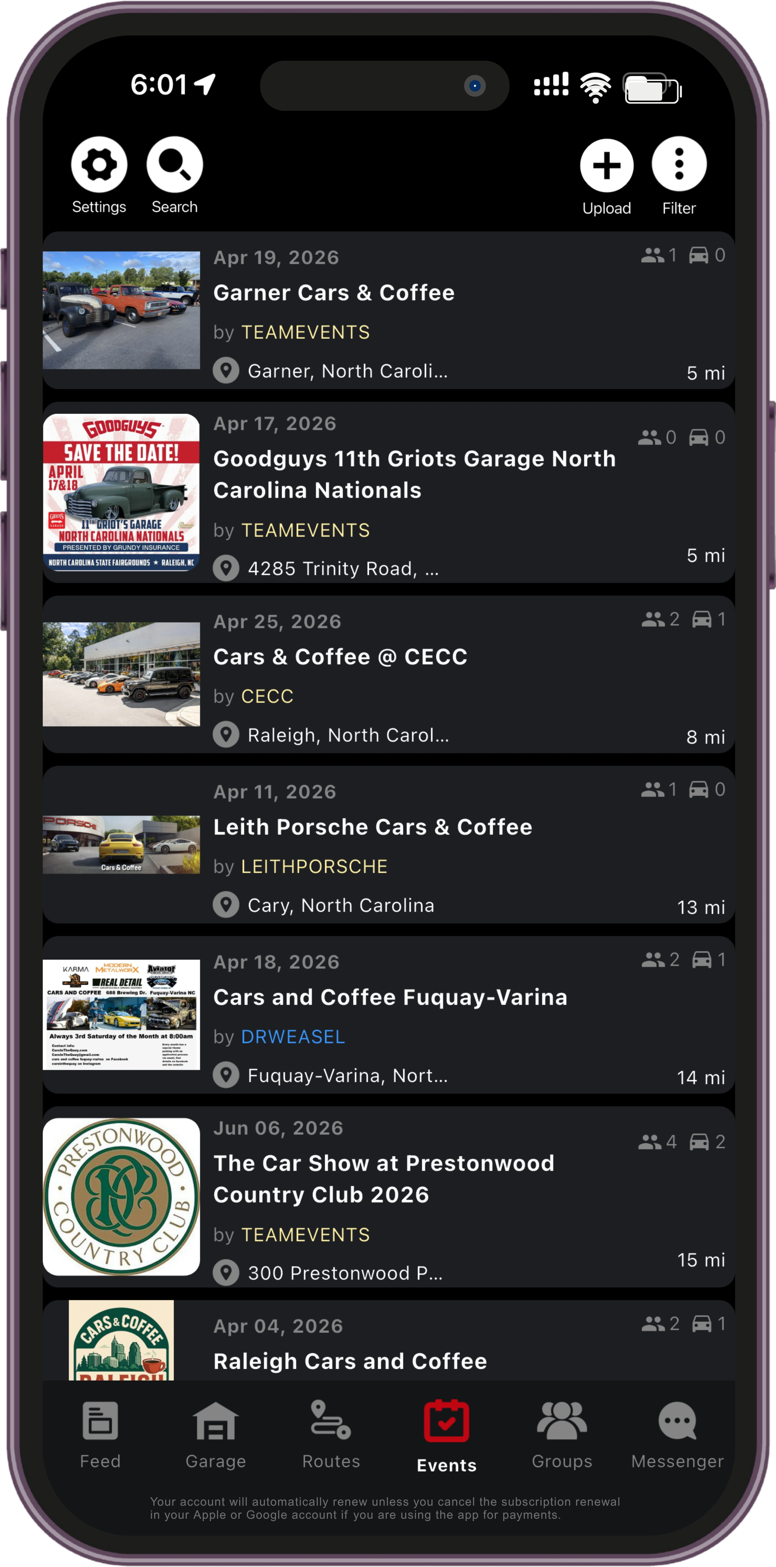 Garage App screen to set up a profile