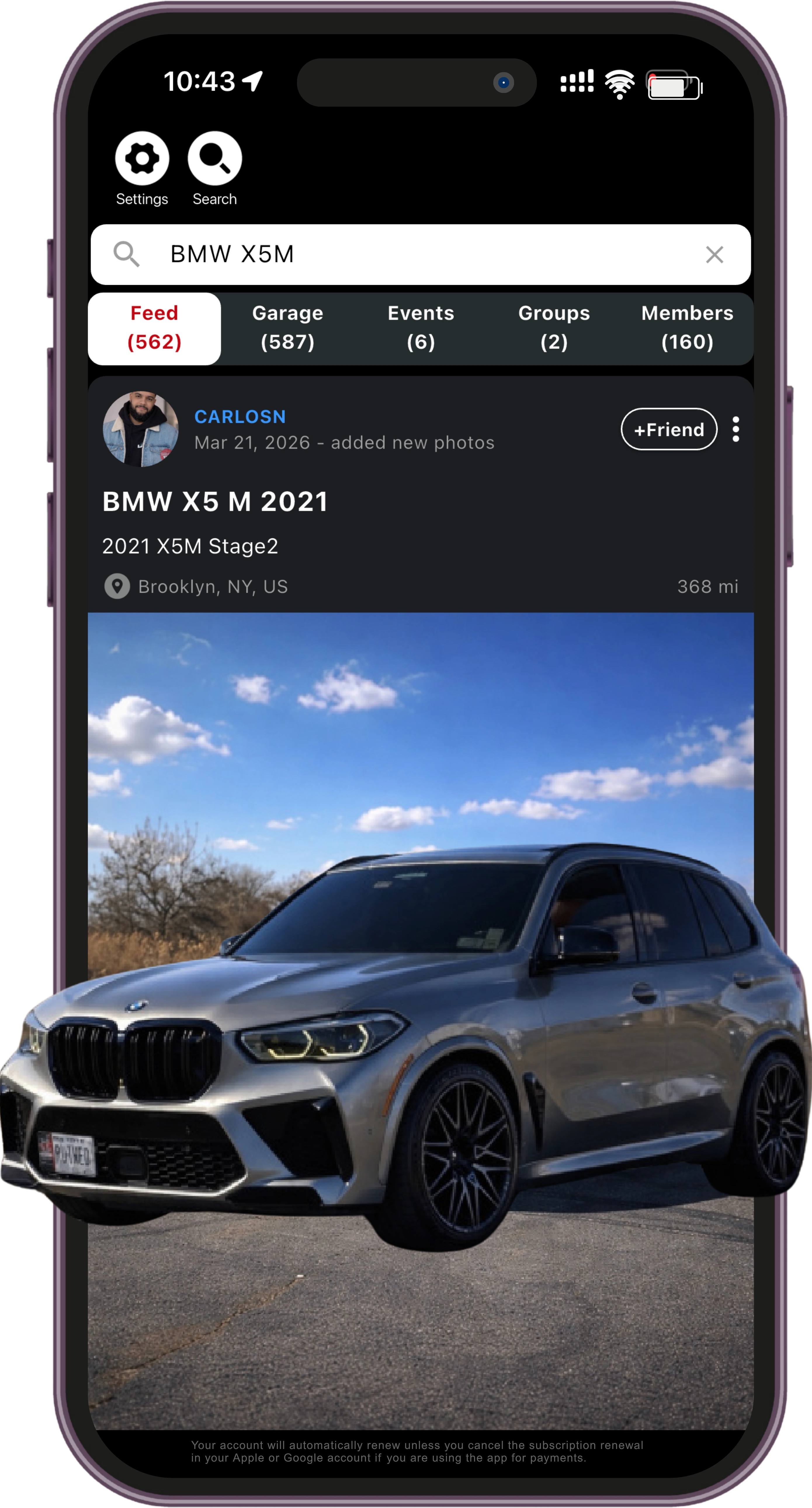 Garage App screen to discover events
