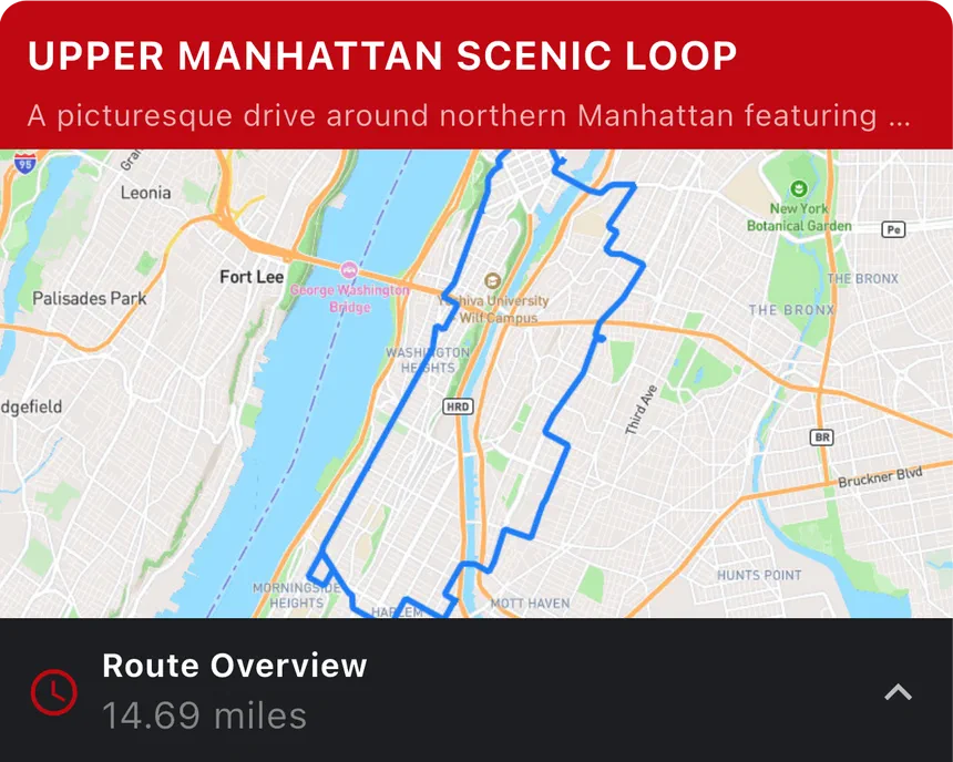 Map of driving route Upper Manhattan Scenic Loop