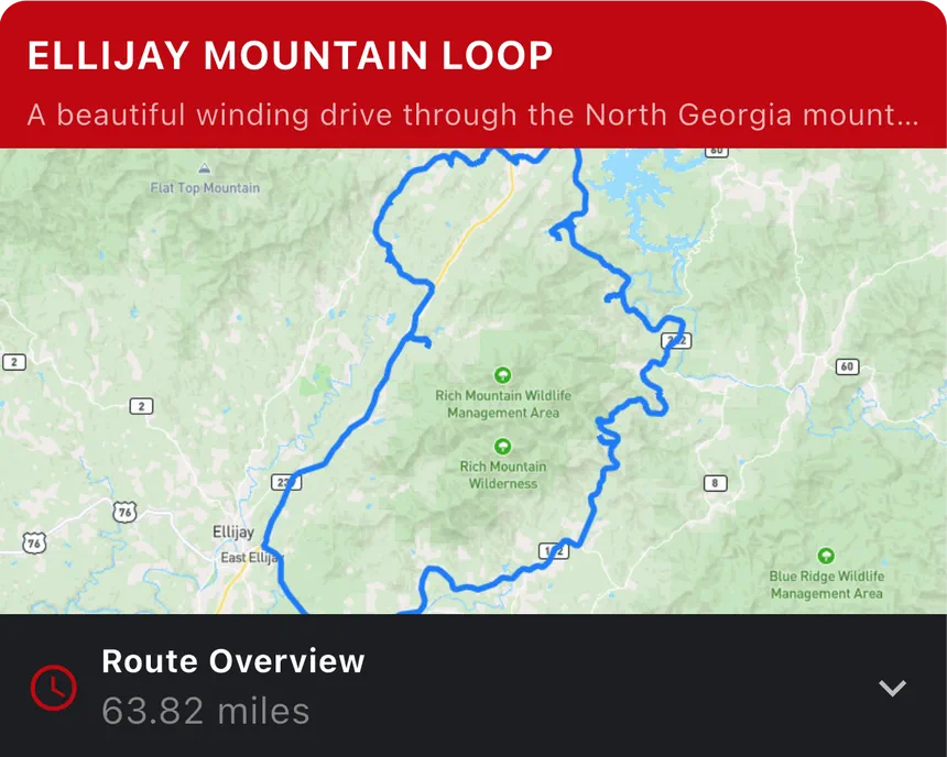 Map of driving route Ellijay Mountain Loop