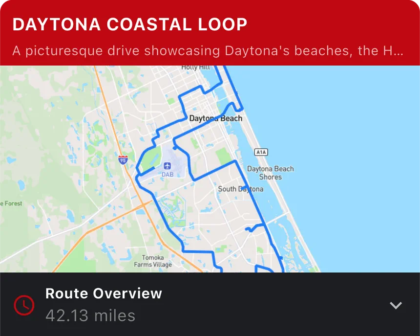 Map of driving route Daytona Coastal Loop