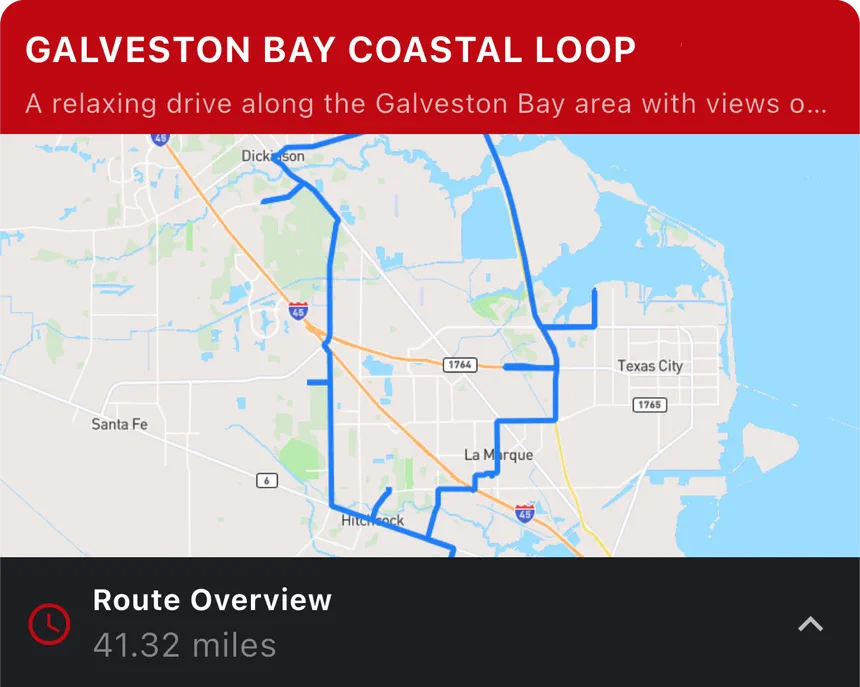 Map of driving route Galveston Bay Coastal Loop