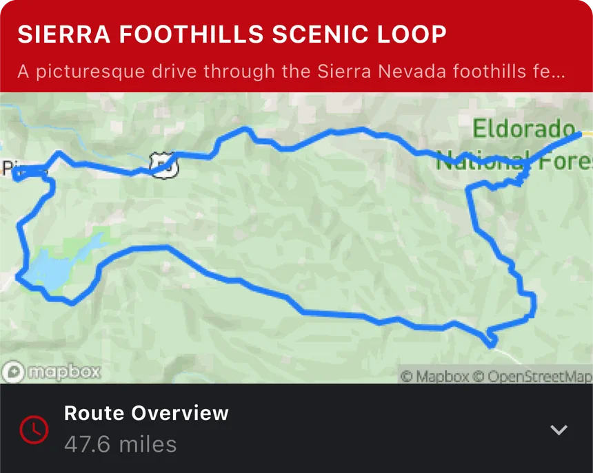 Map of driving route Sierra Foothills Scenic Loop