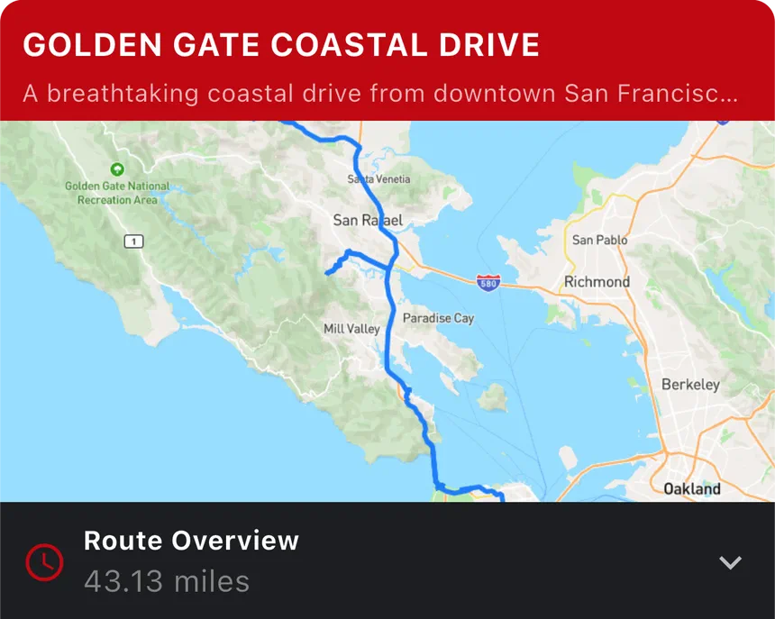 Map of driving route Golden Gate Coastal Loop