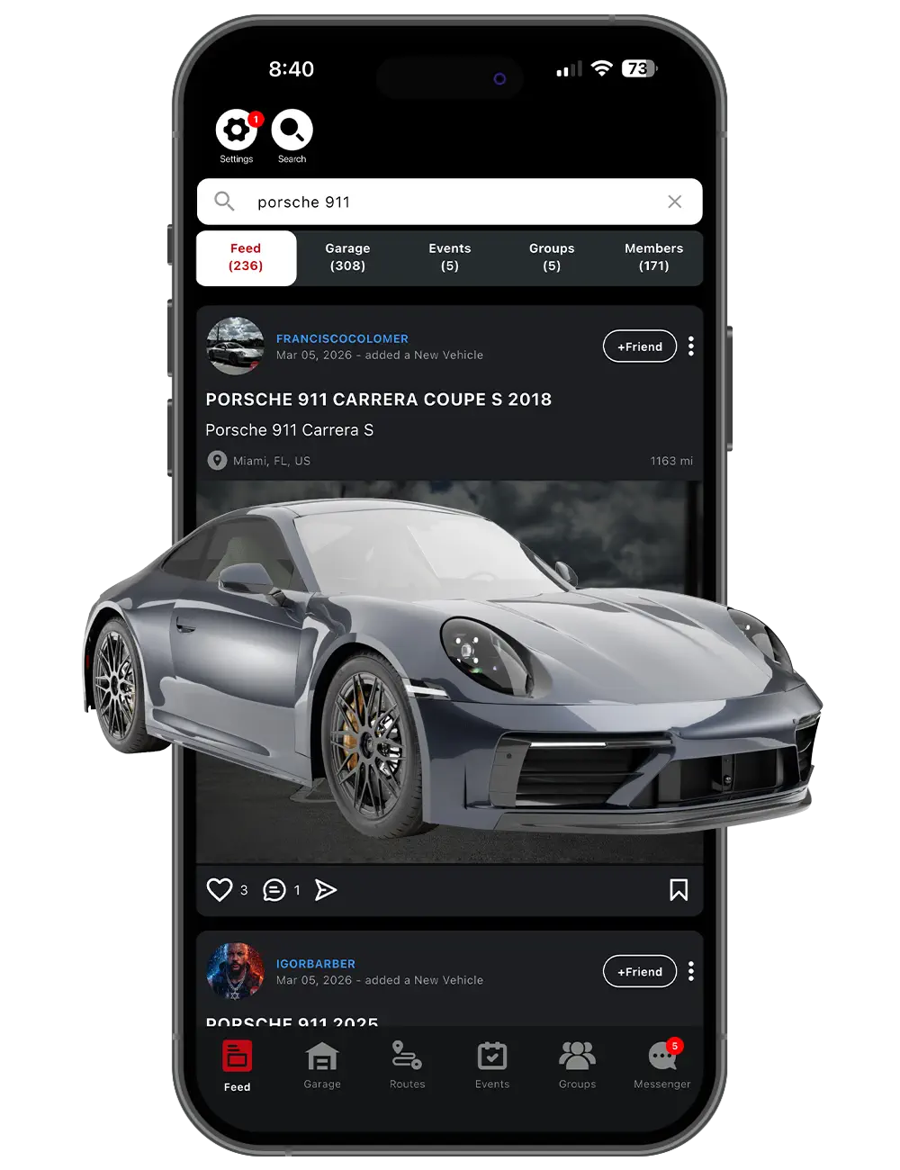 Garage App screen showing local vehicle search by make and model
