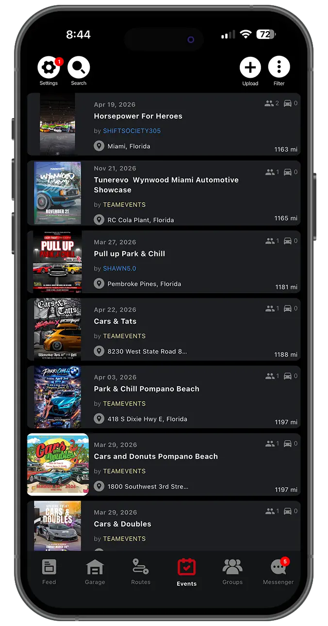 Garage App screen showing local vehicle search by make and model