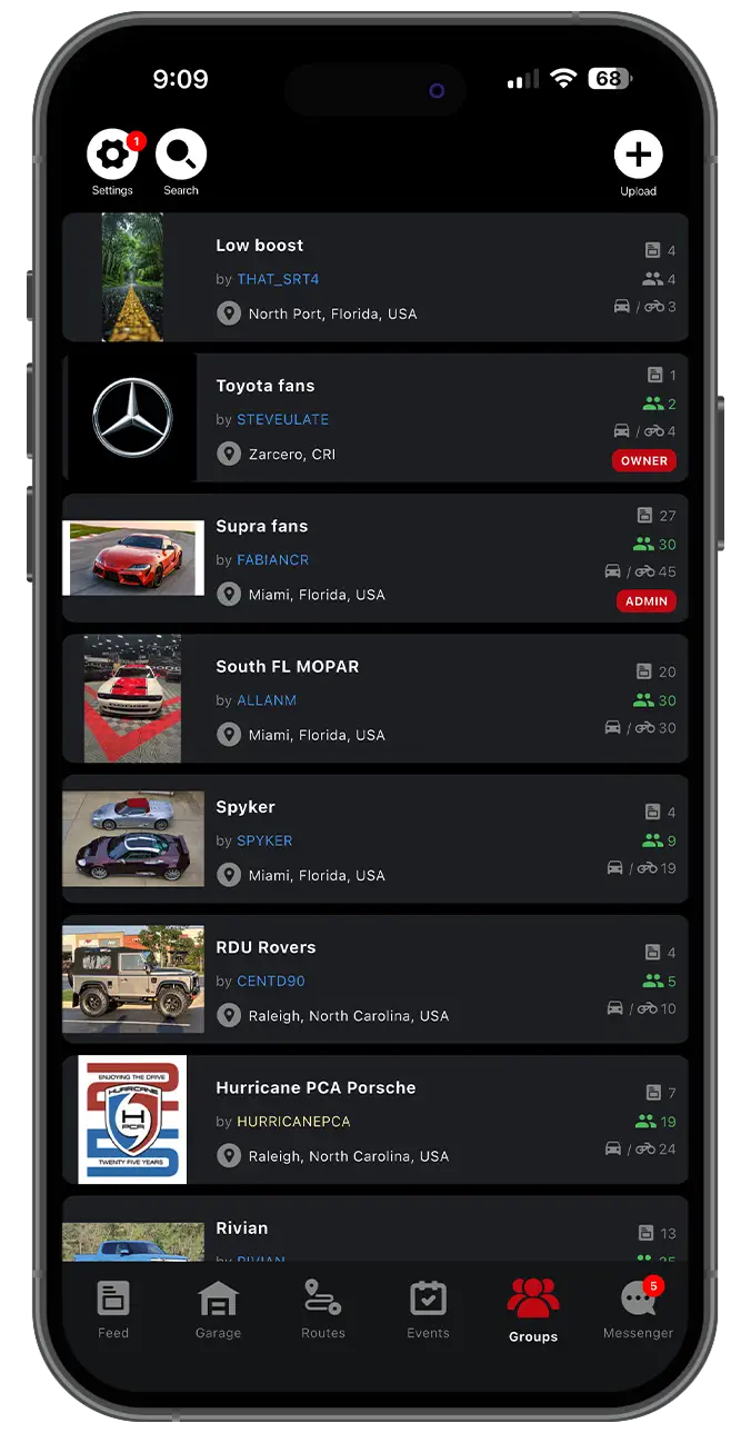 Garage App screen showing local vehicle search by make and model