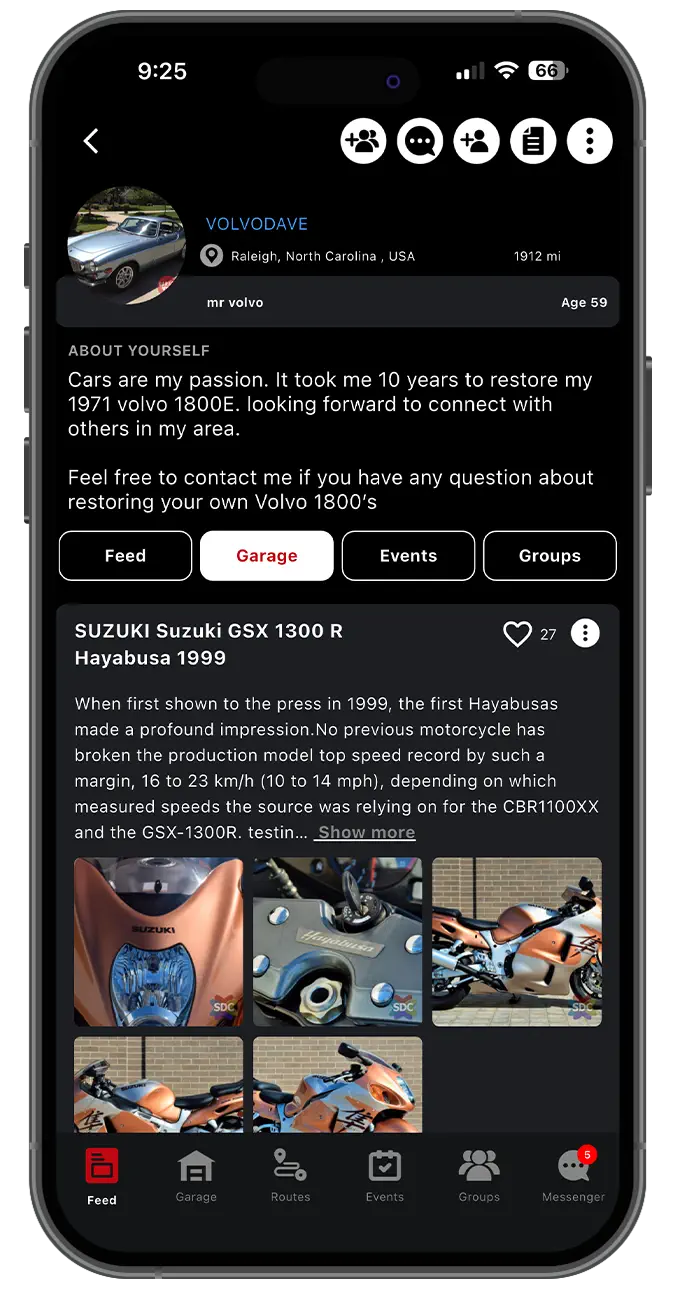 Garage App screen showing local vehicle search by make and model